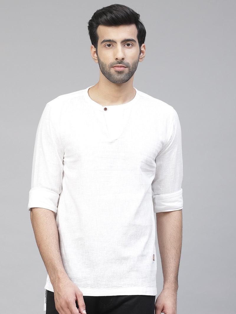 Dennison men's white cotton linen kurta front view