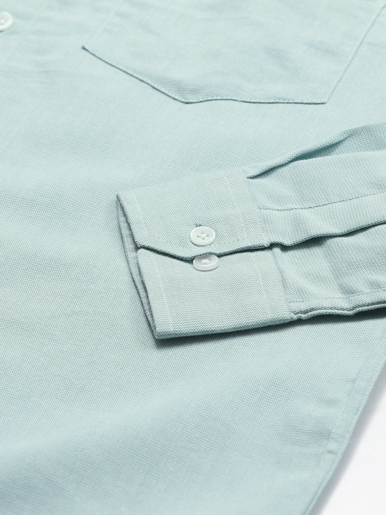 Men Sea Green  White Smart Slim Fit Self Design Formal Shirt