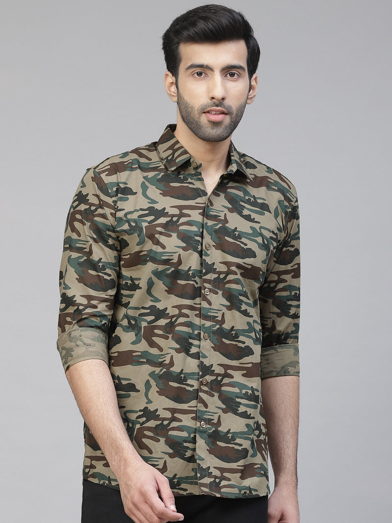 Men Brown  Green Slim Fit Camouflage Printed Casual Shirt