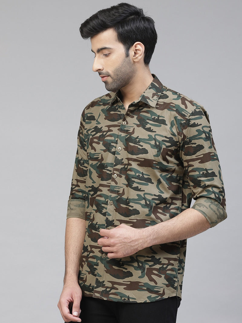 Men Brown  Green Slim Fit Camouflage Printed Casual Shirt