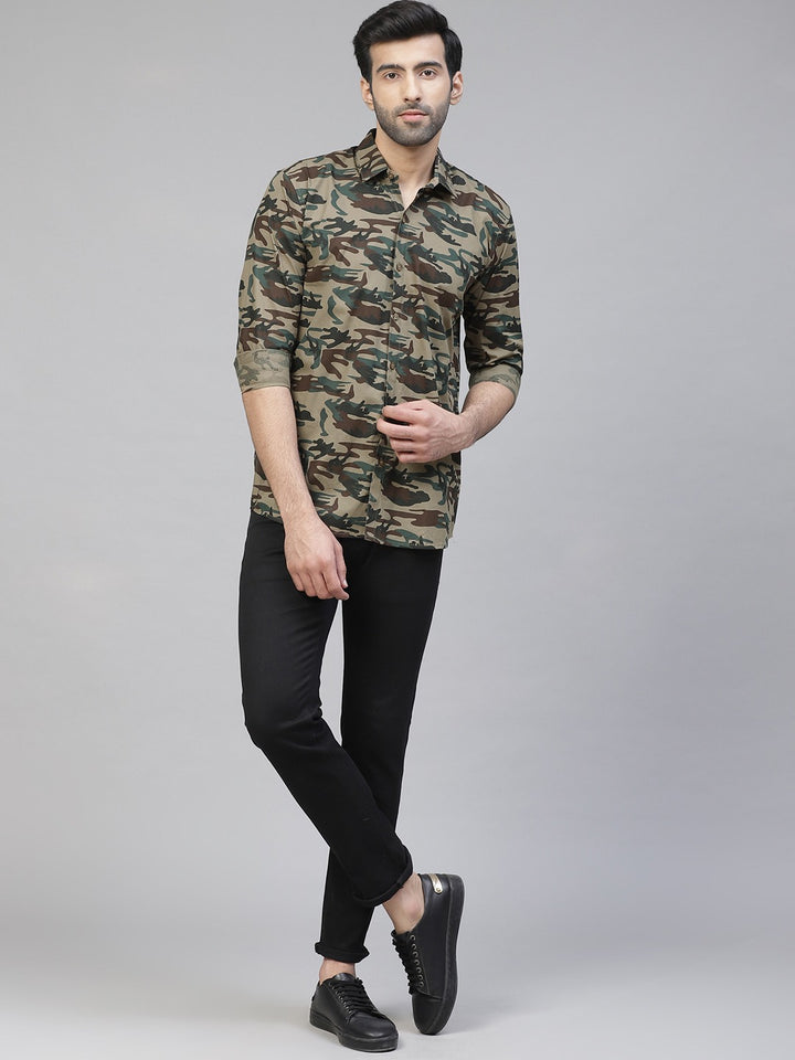 Men Brown  Green Slim Fit Camouflage Printed Casual Shirt