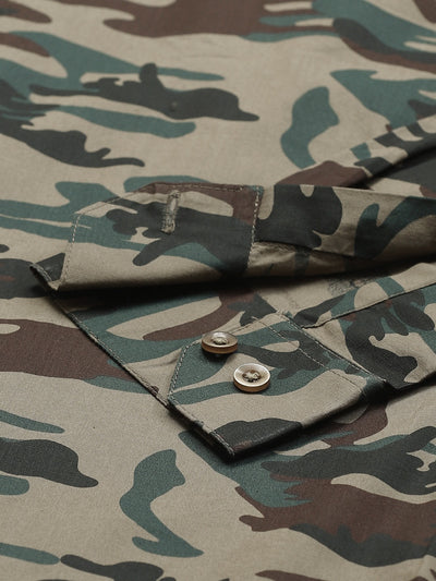 Men Brown  Green Slim Fit Camouflage Printed Casual Shirt