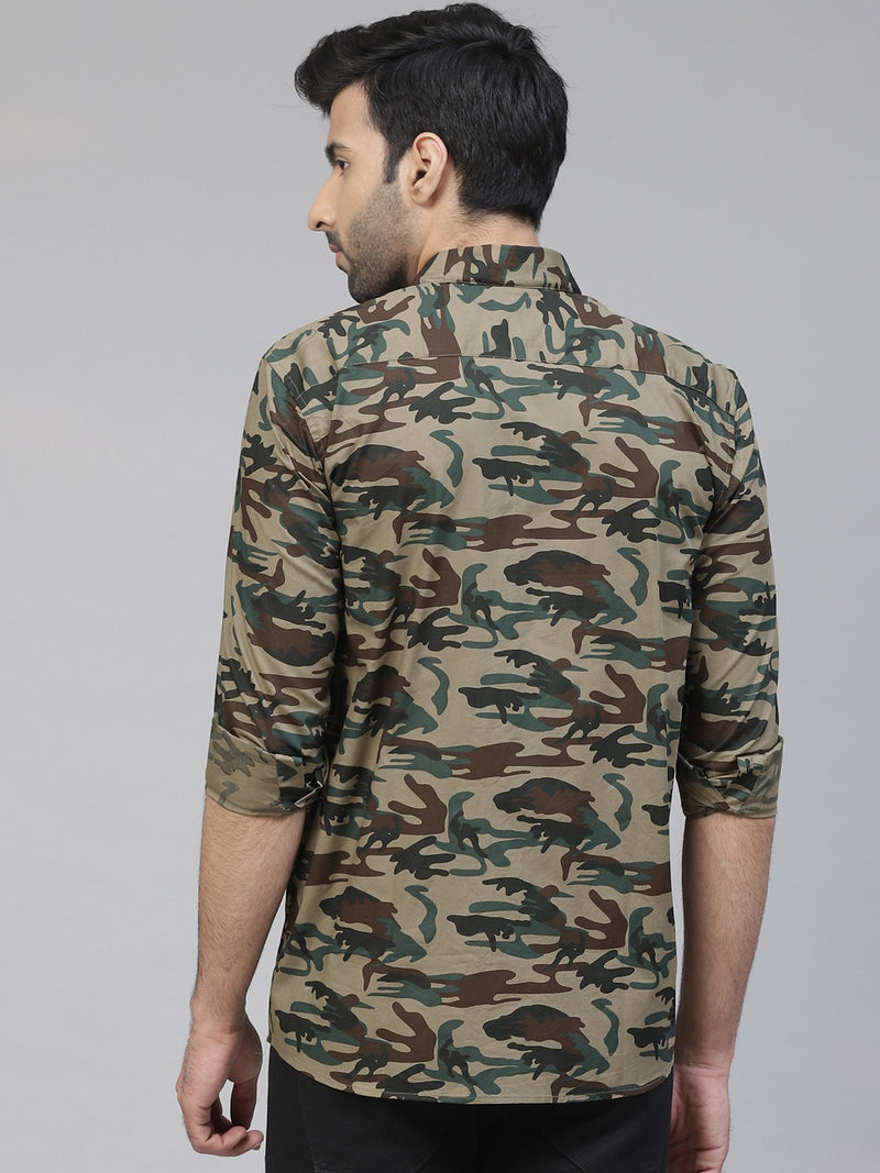 Men Brown  Green Slim Fit Camouflage Printed Casual Shirt