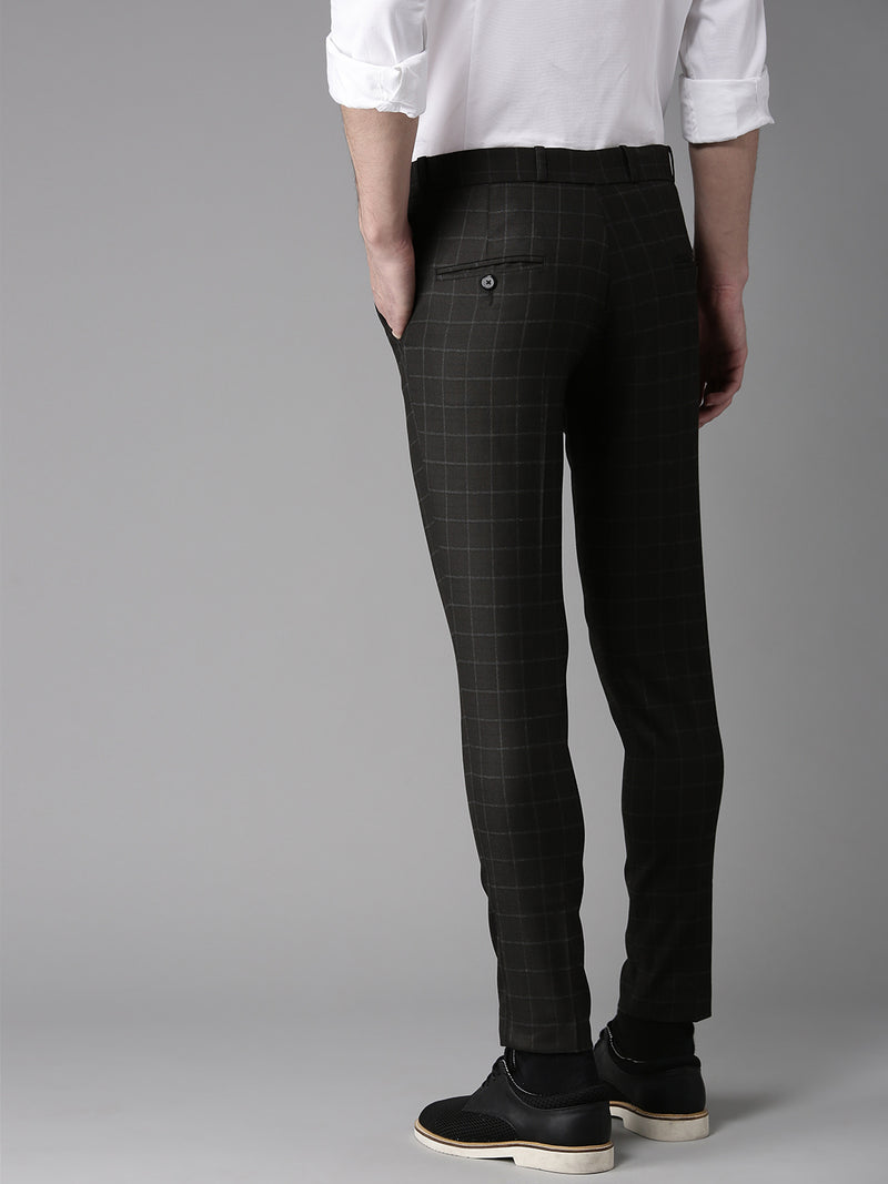 Men Coffee Brown Tapered Fit Checked Regular Trousers