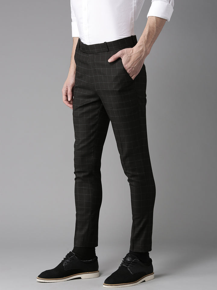 Men Coffee Brown Tapered Fit Checked Regular Trousers