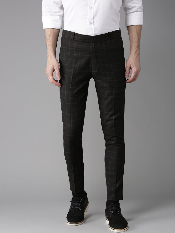 Men Coffee Brown Tapered Fit Checked Regular Trousers