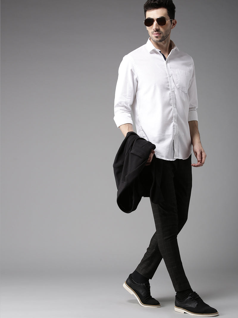 Men Coffee Brown Tapered Fit Checked Regular Trousers