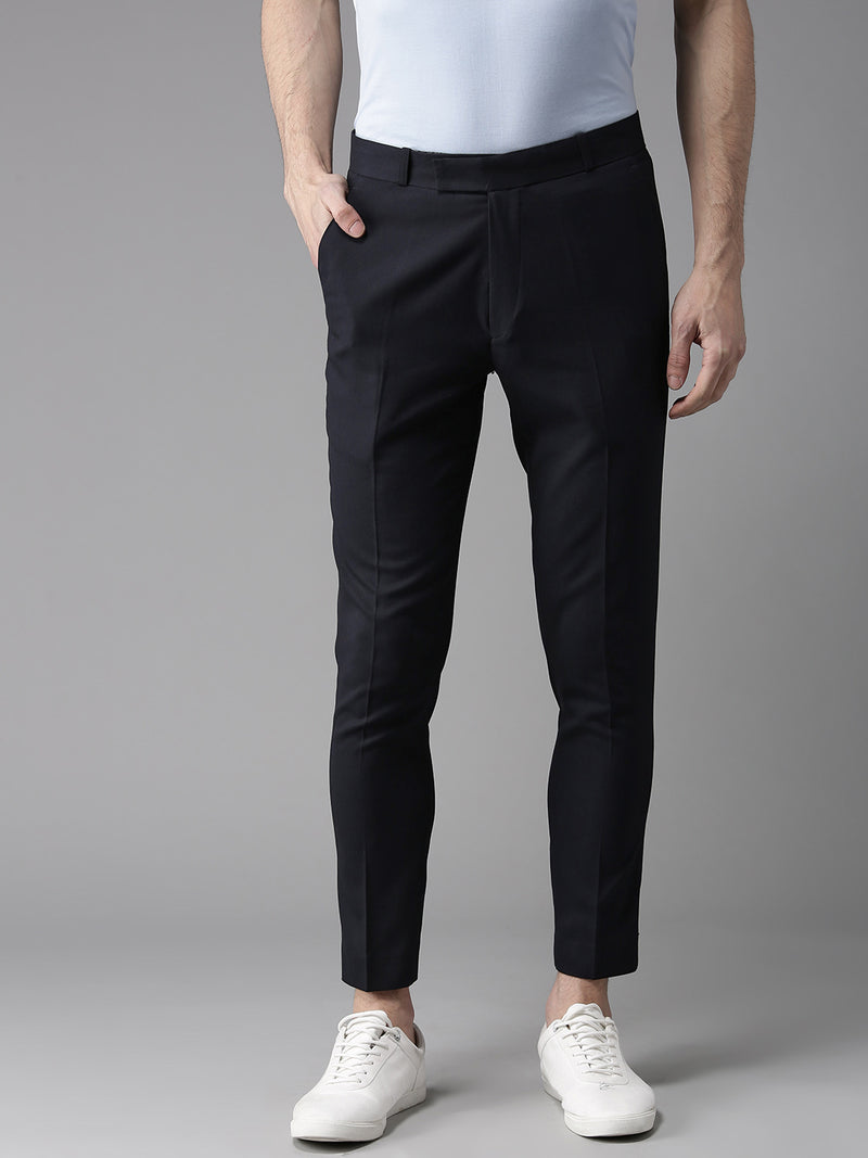 Men Navy Blue Tapered Fit Self Design Trousers