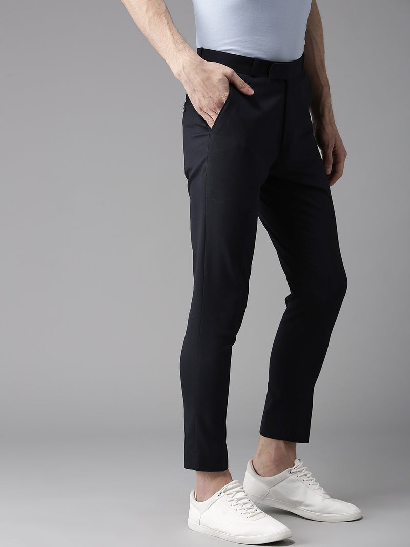 Men Navy Blue Tapered Fit Self Design Trousers