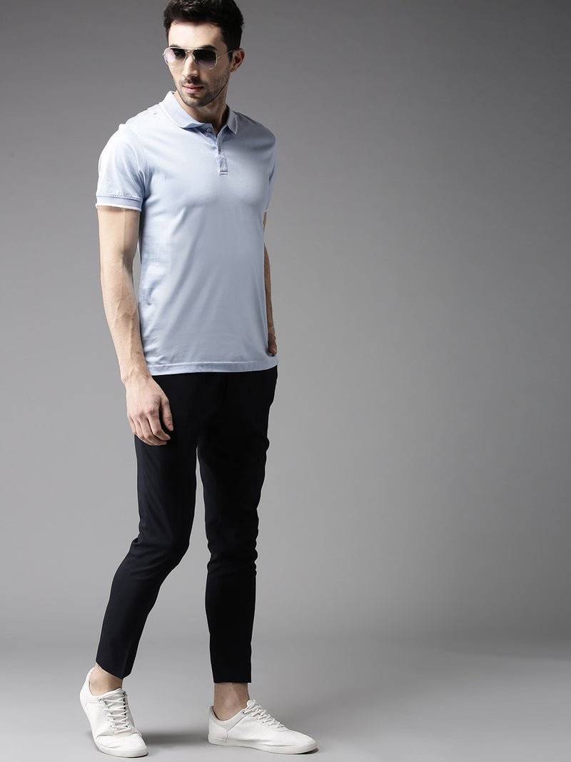 Men Navy Blue Tapered Fit Self Design Trousers