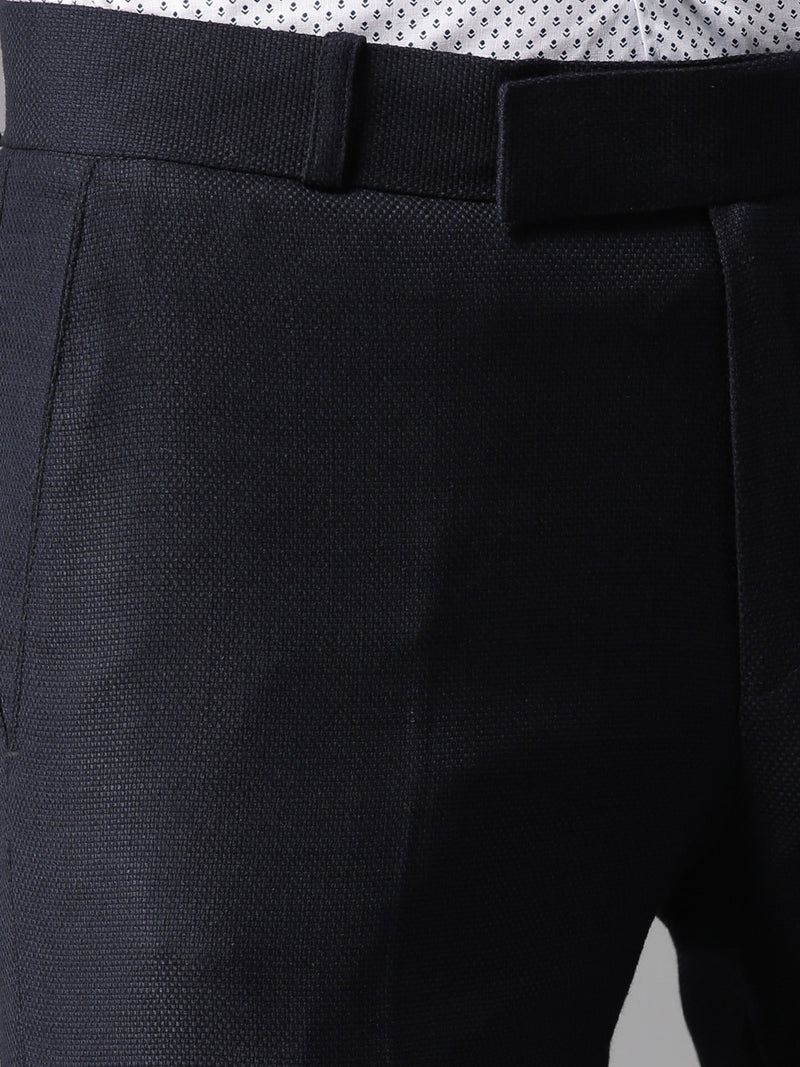 Men Navy Blue Tapered Fit Self Design Cropped Regular Trousers