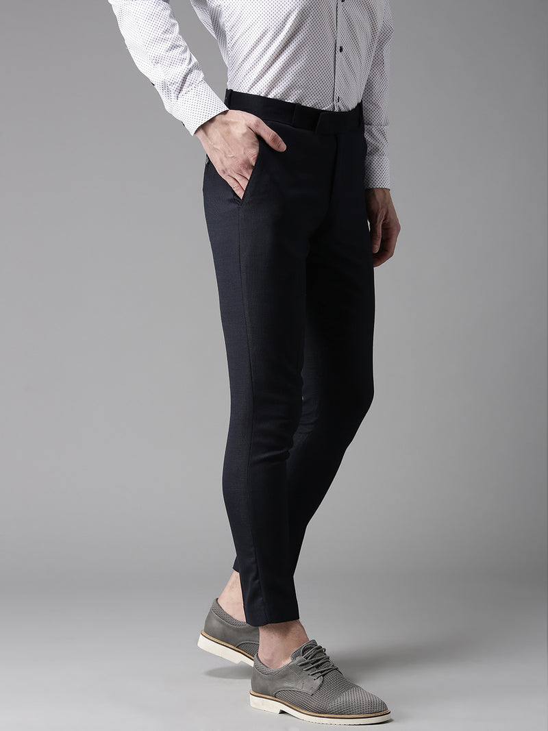 Men Navy Blue Tapered Fit Self Design Cropped Regular Trousers