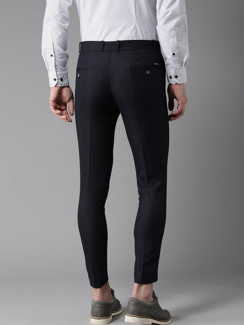 Men Navy Blue Tapered Fit Self Design Cropped Regular Trousers