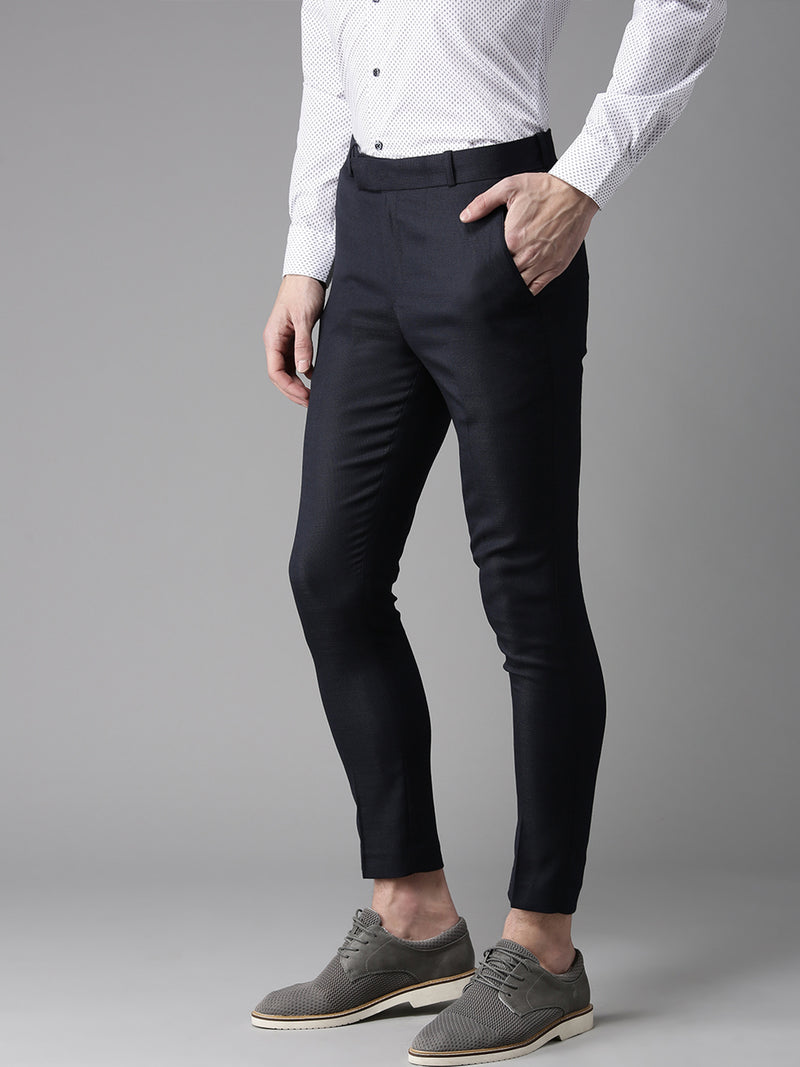 Men Navy Blue Tapered Fit Self Design Cropped Regular Trousers