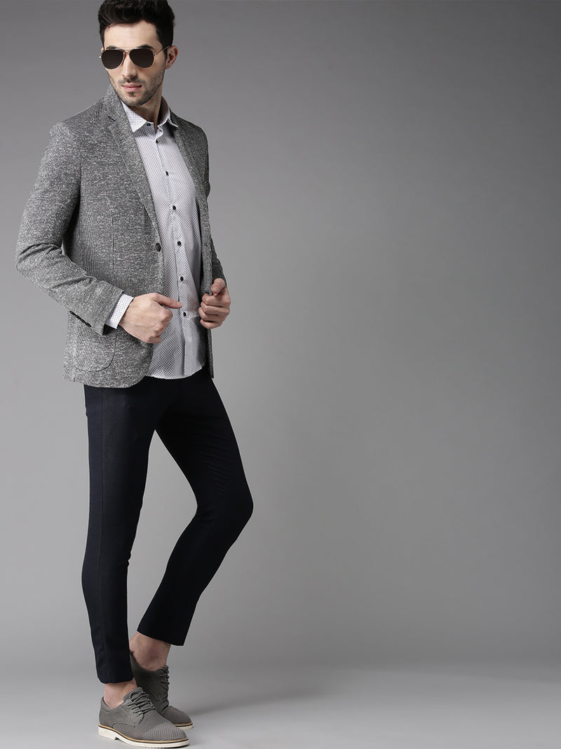 Men Navy Blue Tapered Fit Self Design Cropped Regular Trousers