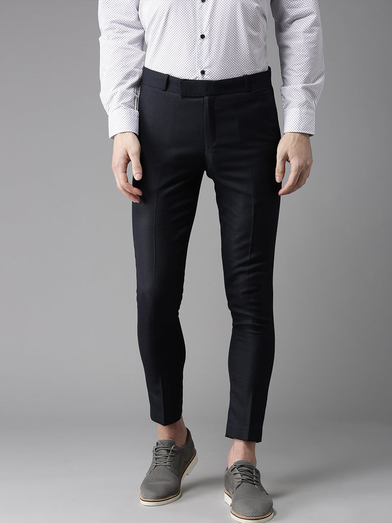 Men Navy Blue Tapered Fit Self Design Cropped Regular Trousers