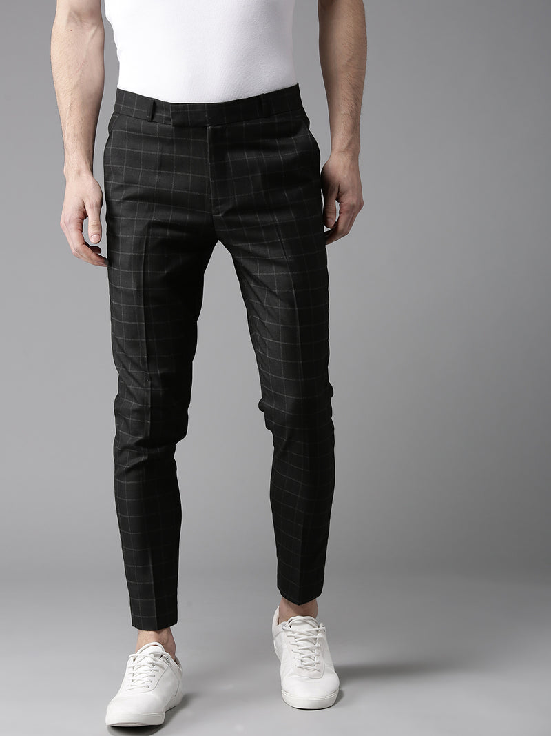 Men Black  Off-White Tapered Fit Checked Regular Trousers