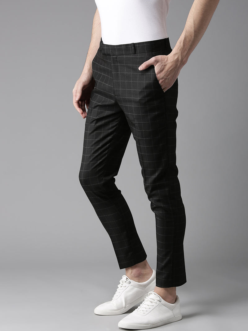 Men Black  Off-White Tapered Fit Checked Regular Trousers