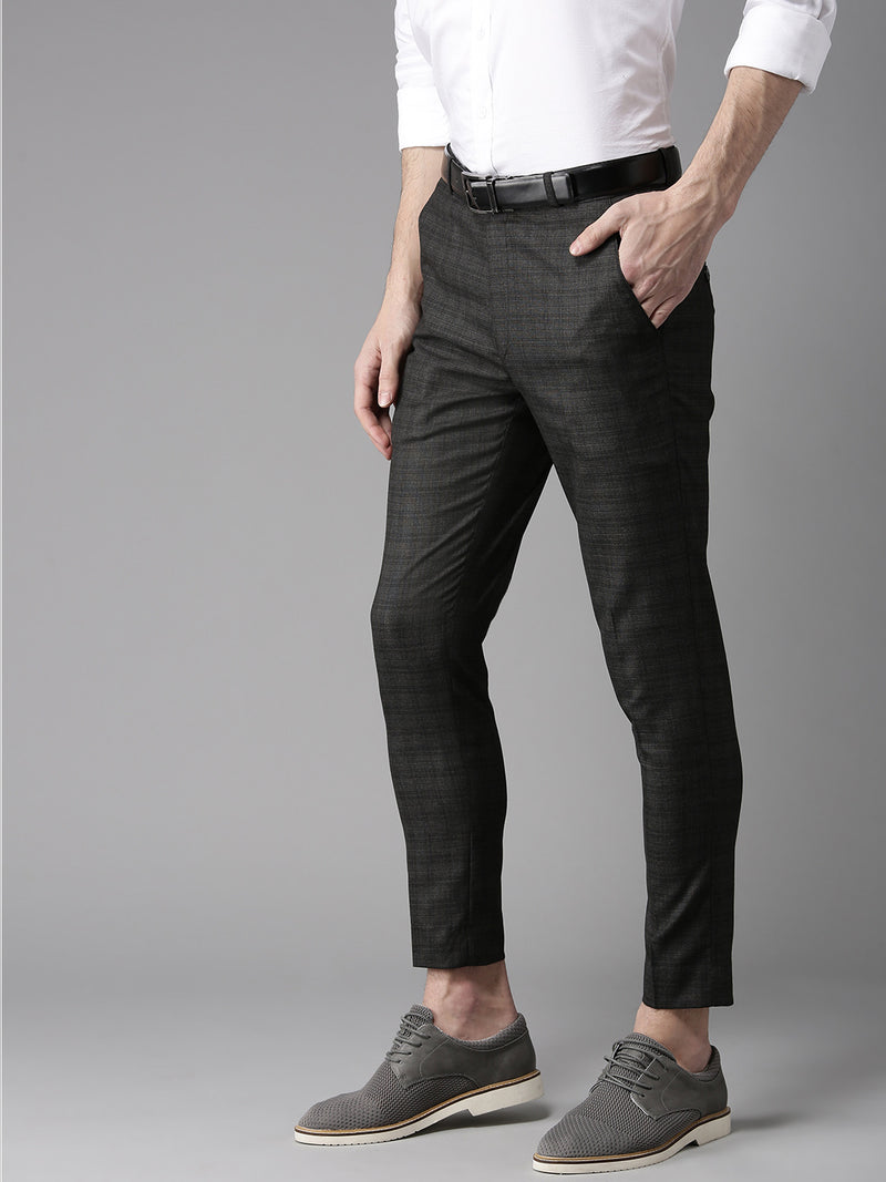 Men Charcoal Grey Tapered Fit Checked Cropped Regular Trousers