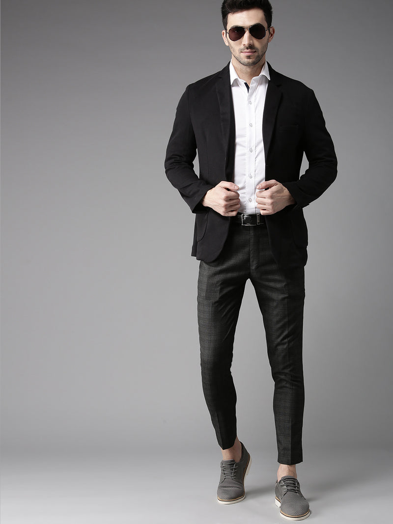 Men Charcoal Grey Tapered Fit Checked Cropped Regular Trousers