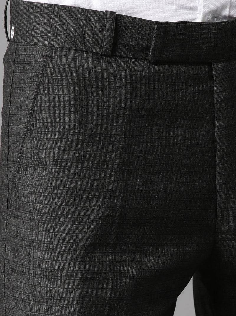 Men Charcoal Grey Tapered Fit Checked Cropped Regular Trousers