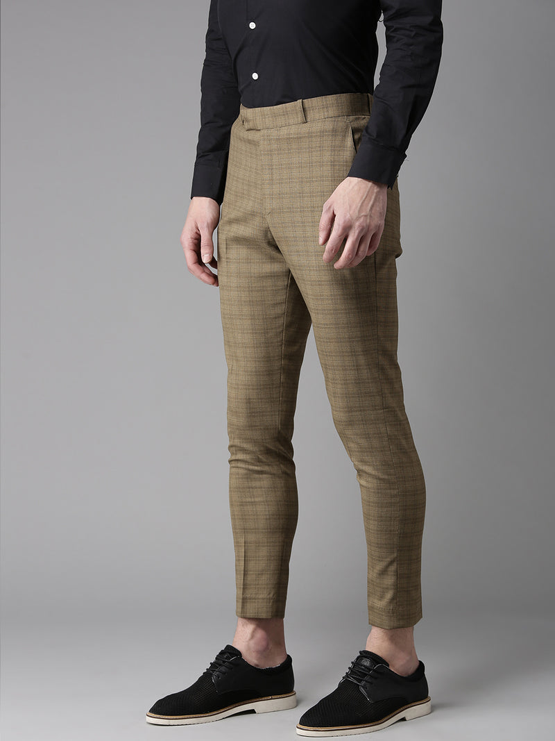 Men Olive Brown Tapered Fit Checked Cropped Regular Trousers