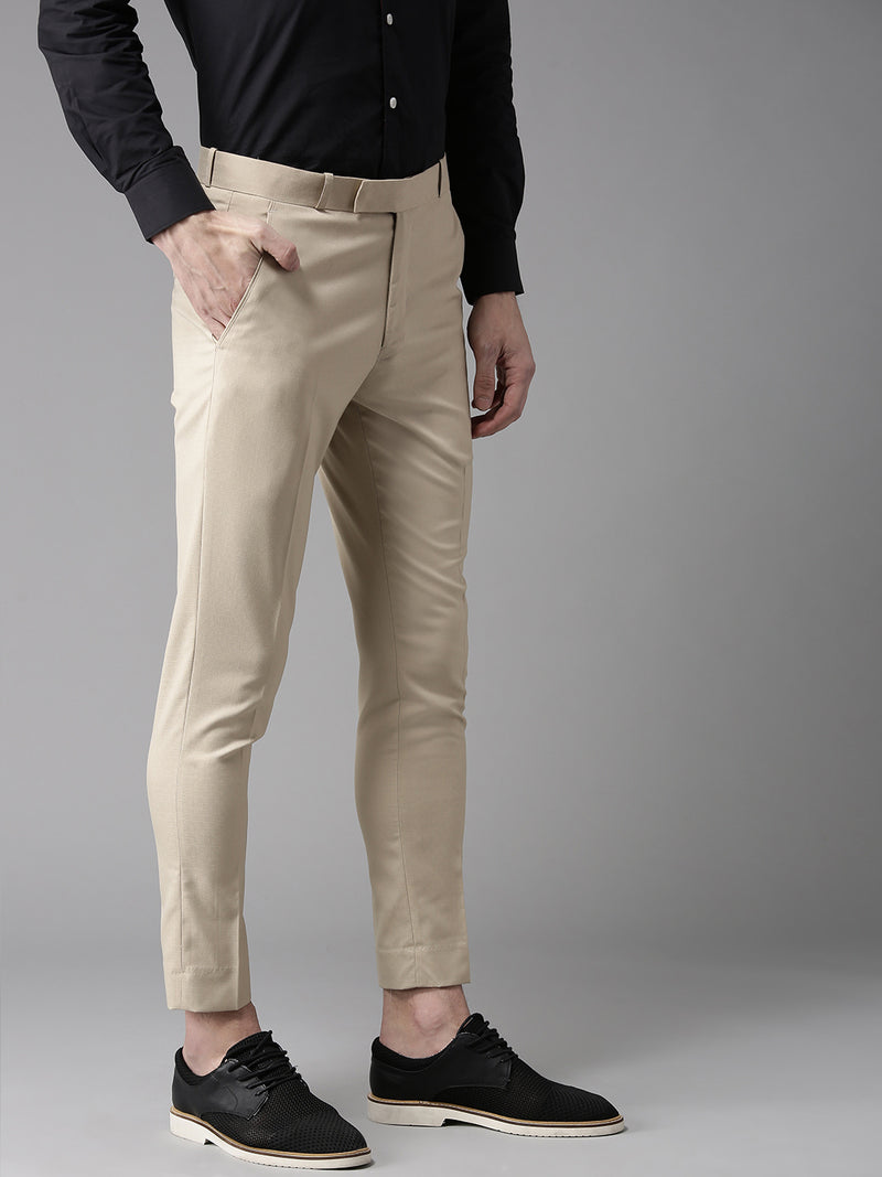 Men Beige Tapered Fit Self Design Cropped Regular Trousers