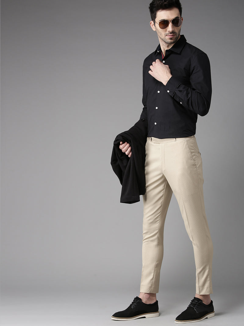 Men Beige Tapered Fit Self Design Cropped Regular Trousers