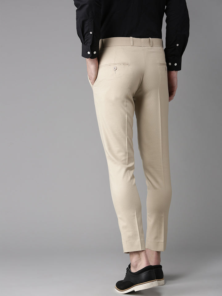 Men Beige Tapered Fit Self Design Cropped Regular Trousers