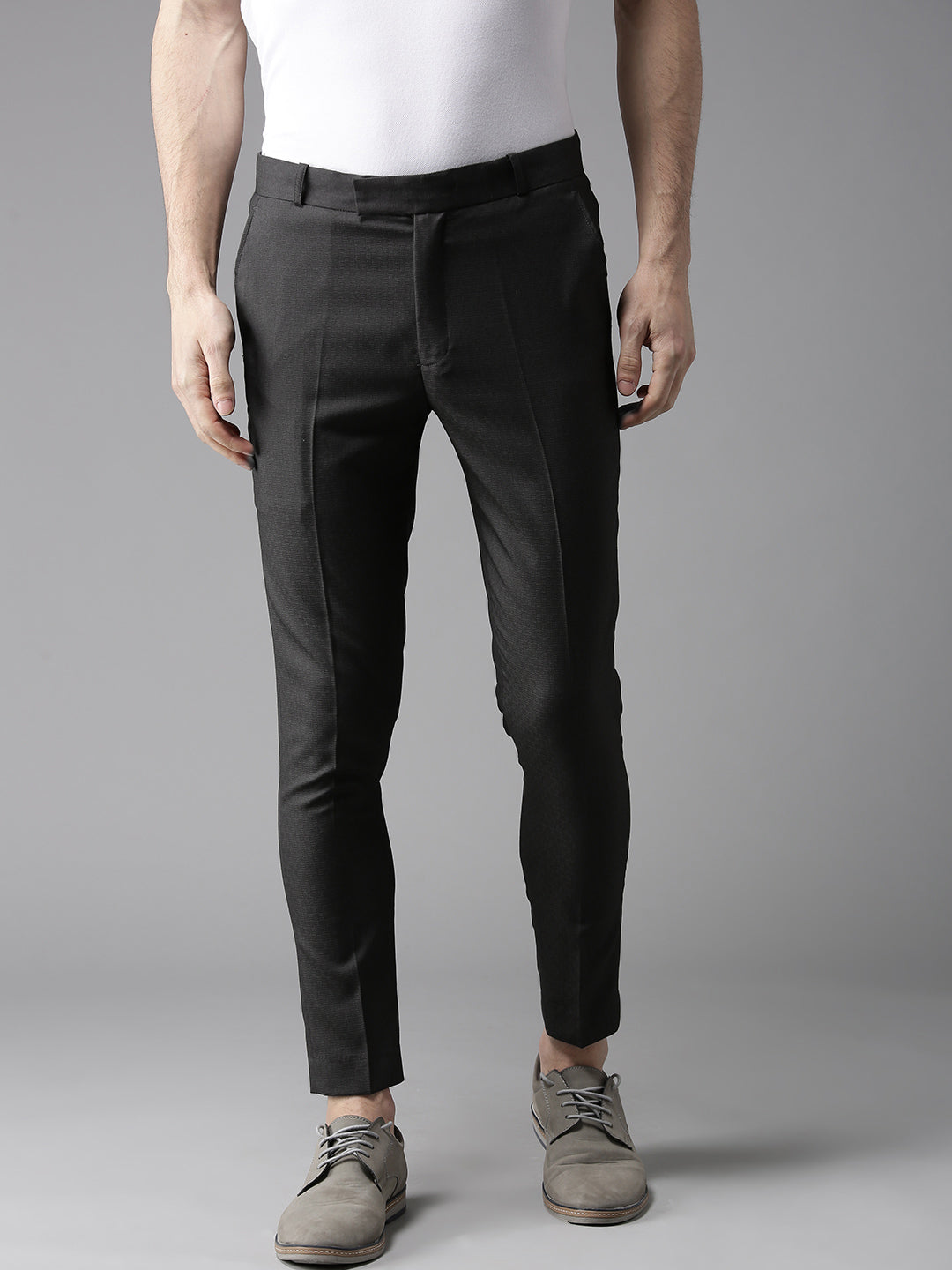 Men Charcoal Grey Tapered Fit Self Design Trousers