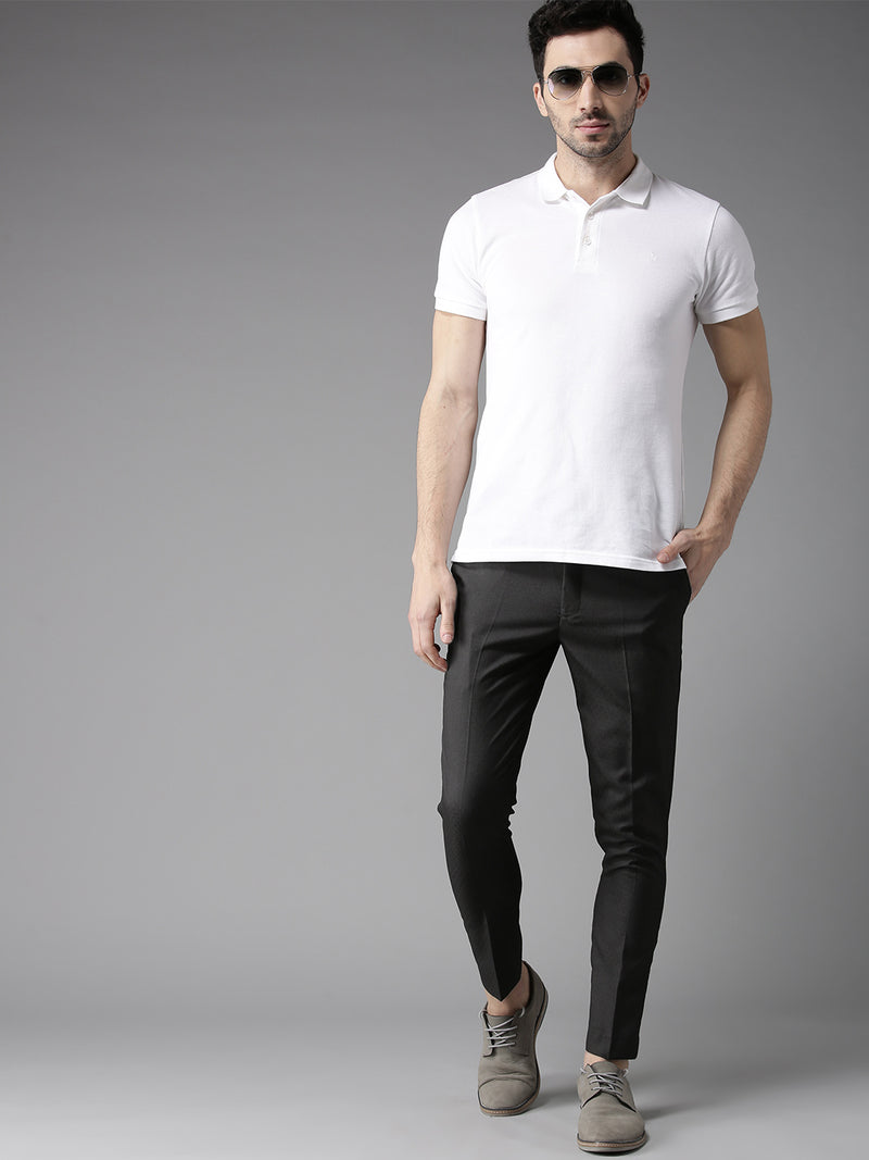 Men Charcoal Grey Tapered Fit Self Design Trousers