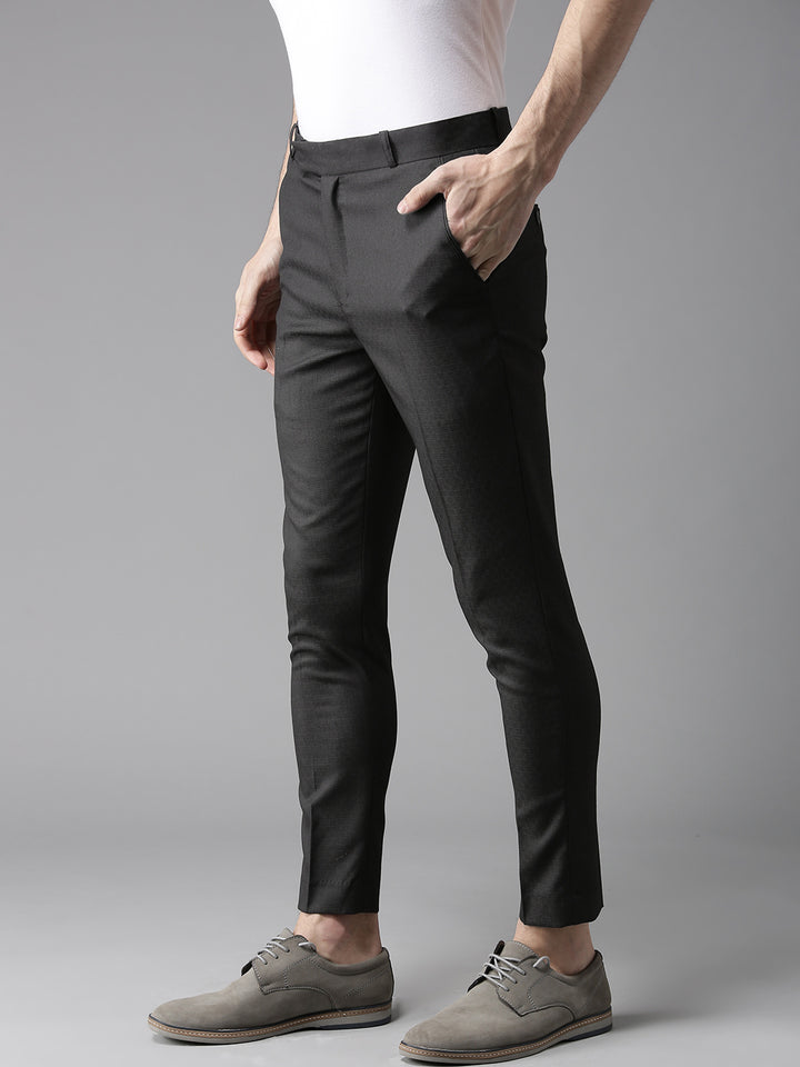 Men Charcoal Grey Tapered Fit Self Design Trousers