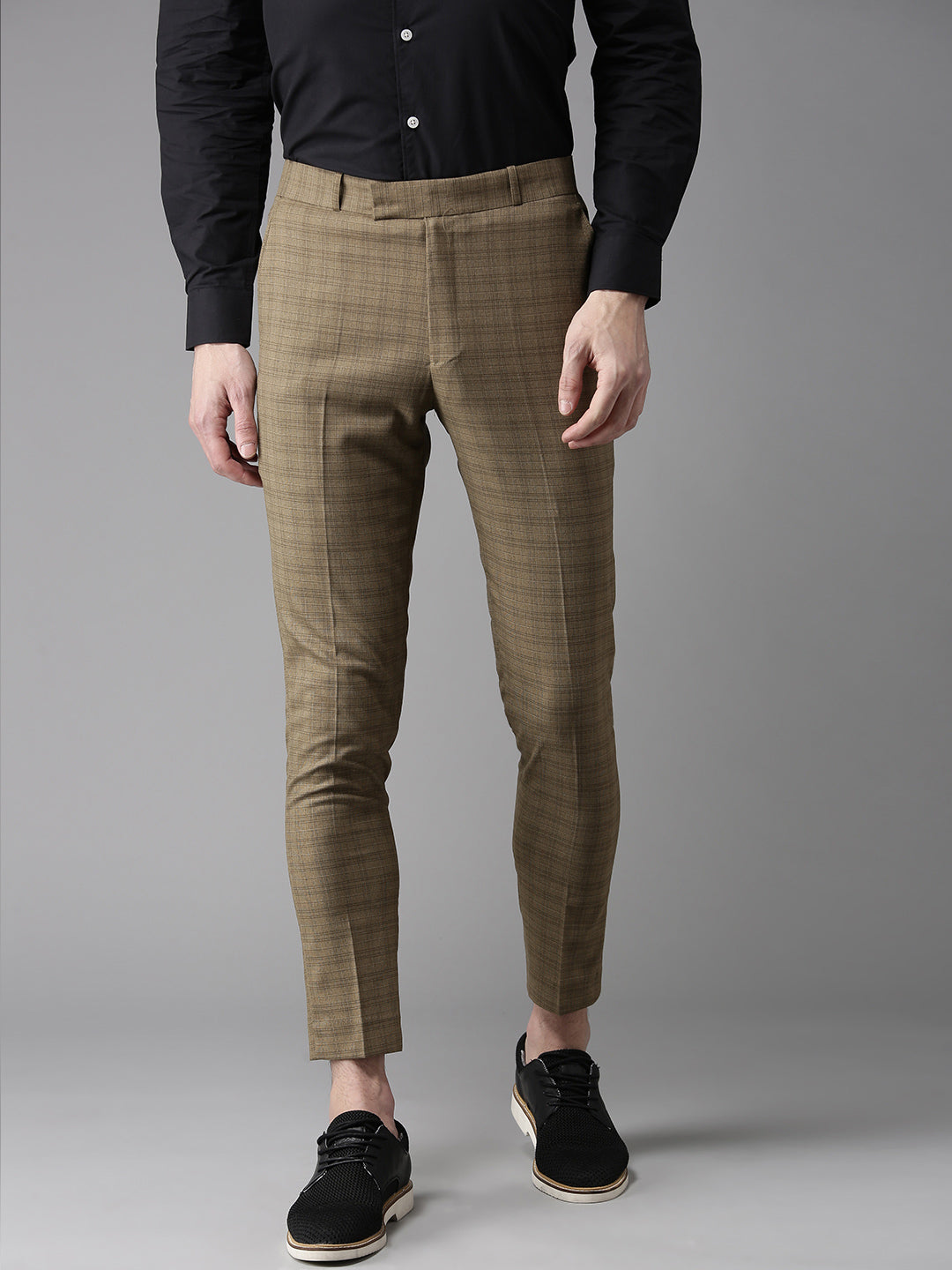 Men Olive Brown Tapered Fit Checked Cropped Regular Trousers