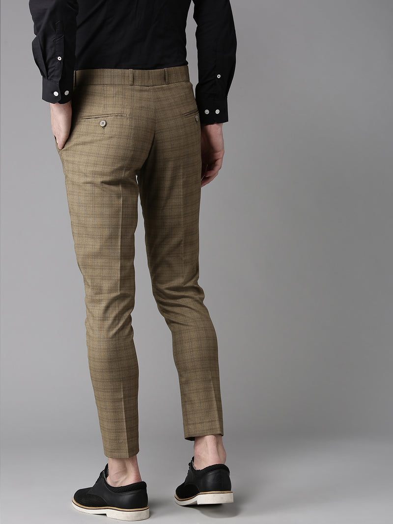 Men Olive Brown Tapered Fit Checked Cropped Regular Trousers
