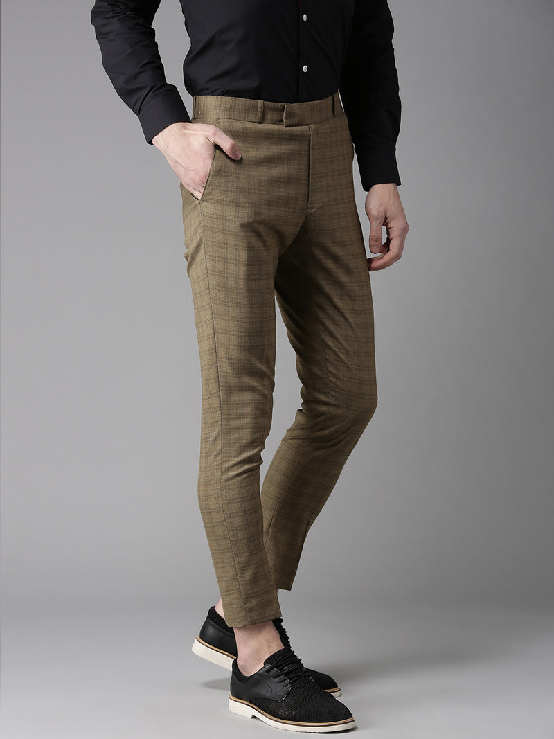 Men Olive Brown Tapered Fit Checked Cropped Regular Trousers