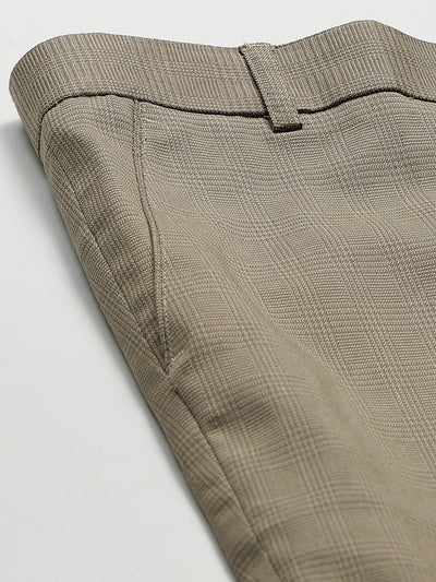 Men Beige Smart Tapered Fit Checked Cropped Trousers