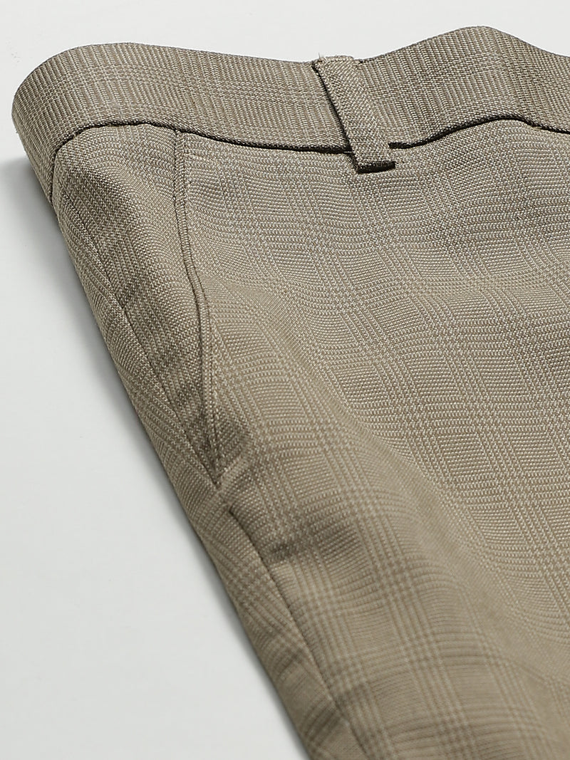 Men Beige Smart Tapered Fit Checked Cropped Trousers