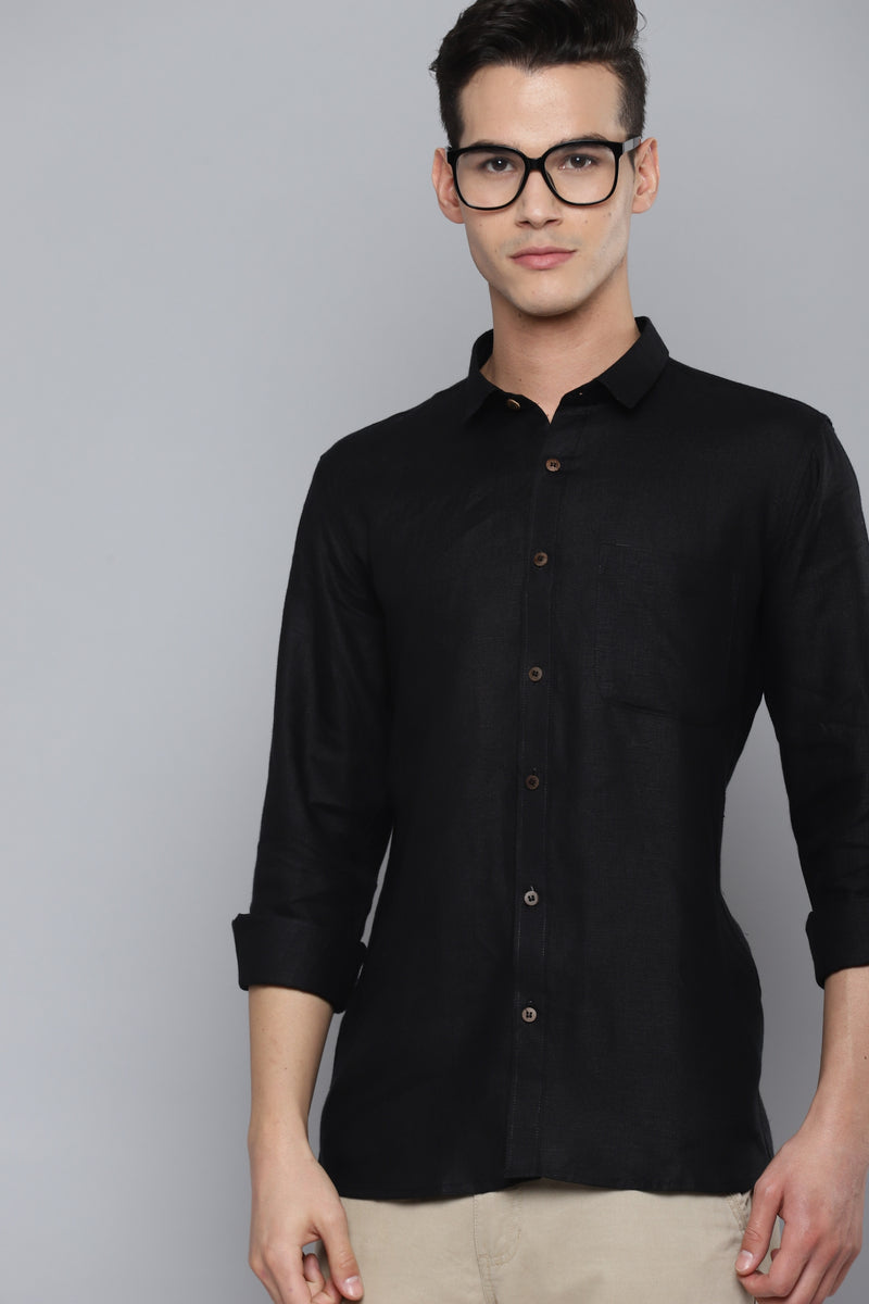 Dennison men's solid black hemp shirt front view