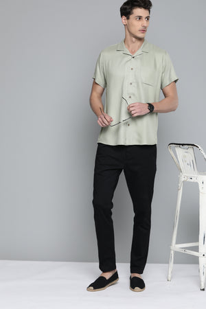 Men Olive Green Cotton Twill Slim Fit Casual Shirt