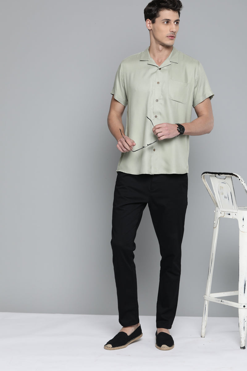 Men Olive Green Cotton Twill Slim Fit Casual Shirt