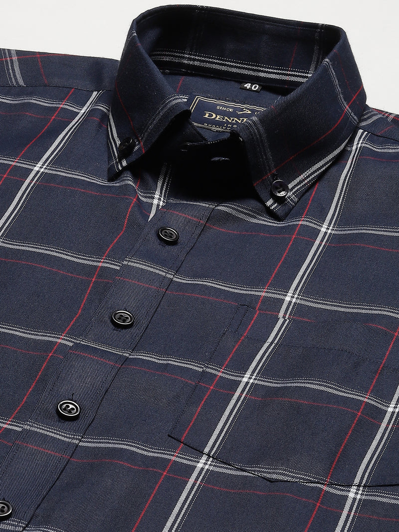 Men Navy Blue Smart Slim Fit Checked Formal Shirt