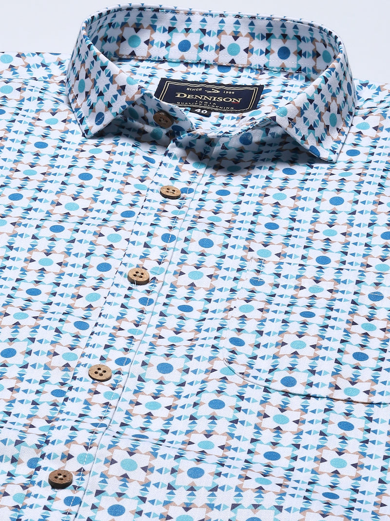 Men White & Blue Block Printed Shirt