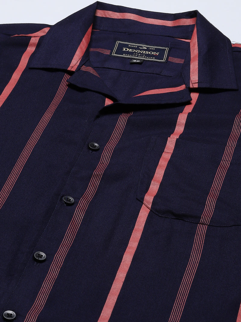 Men Navy Blue  Red Smart Slim Fit Striped Cotton Casual Shirt