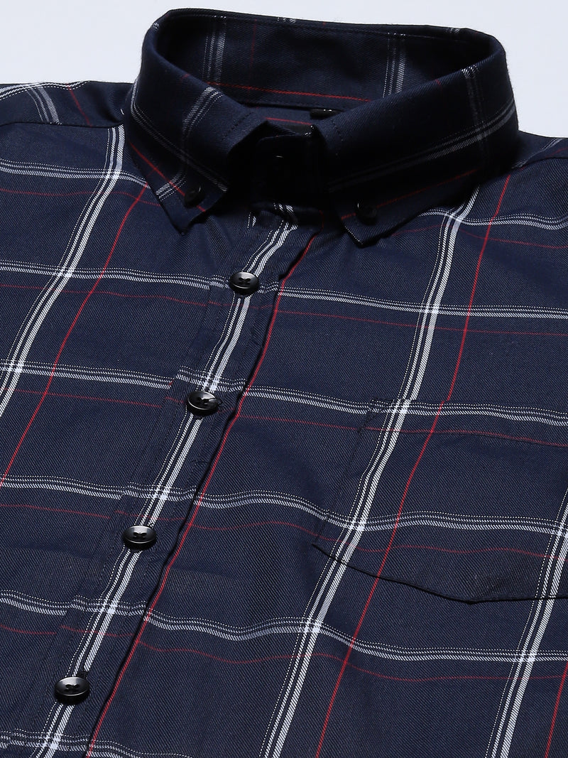 Men Navy Blue  White Smart Slim Fit Checked Formal Shirt