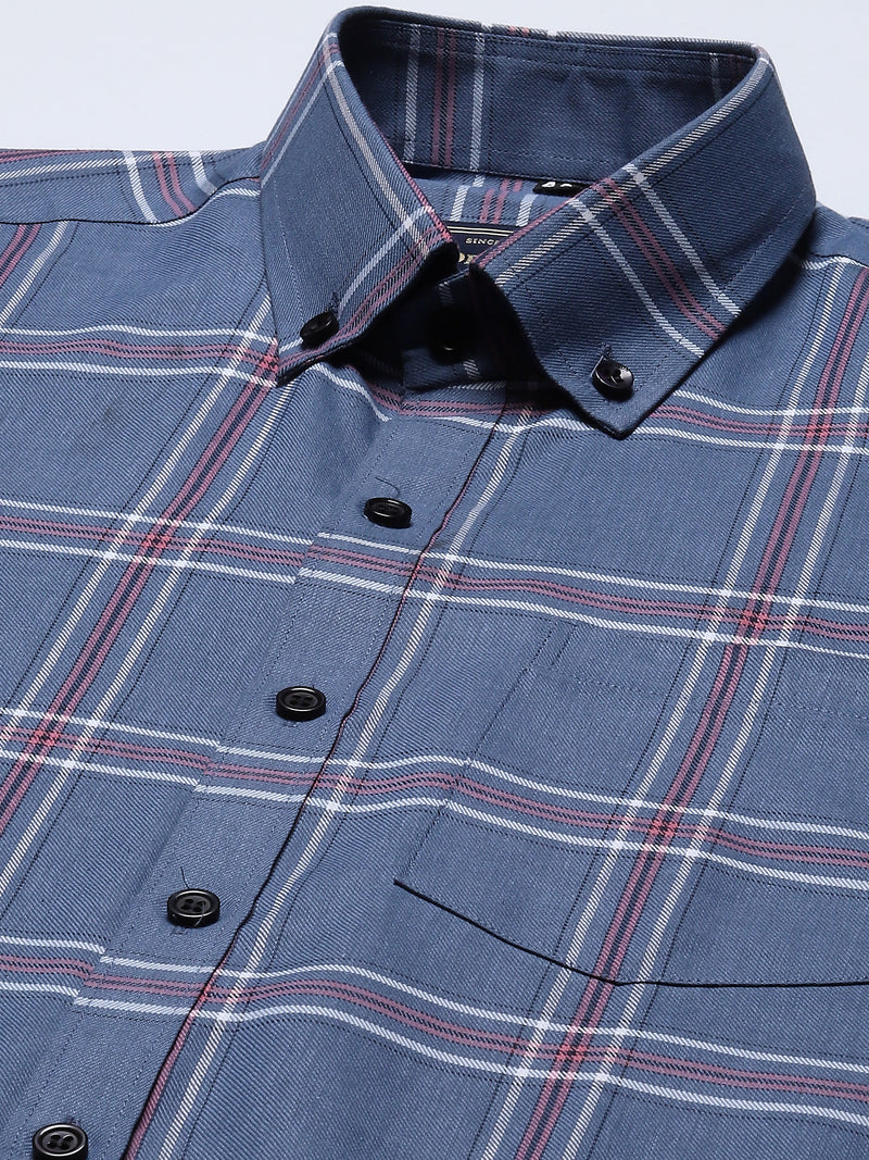 Men Blue  Pink Smart Slim Fit Checked Formal Shirt