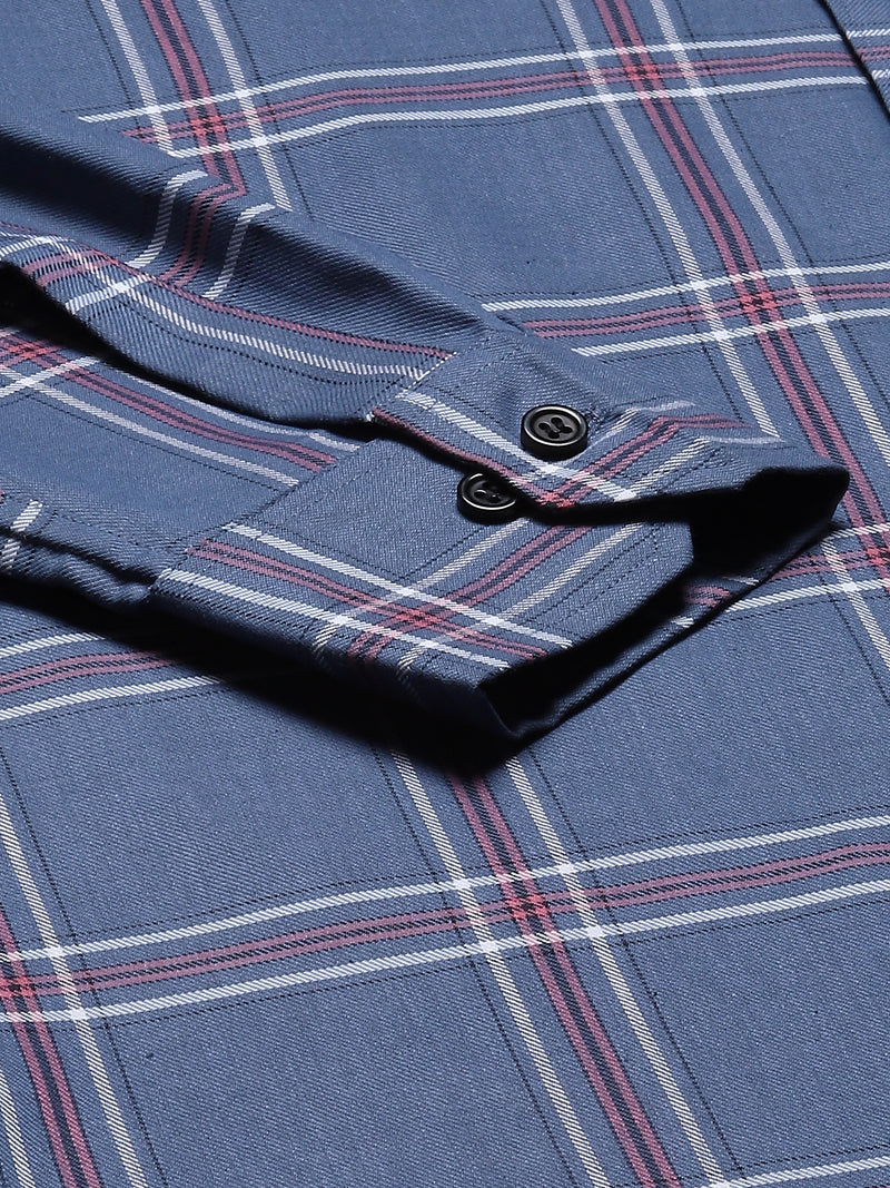 Men Blue  Pink Smart Slim Fit Checked Formal Shirt