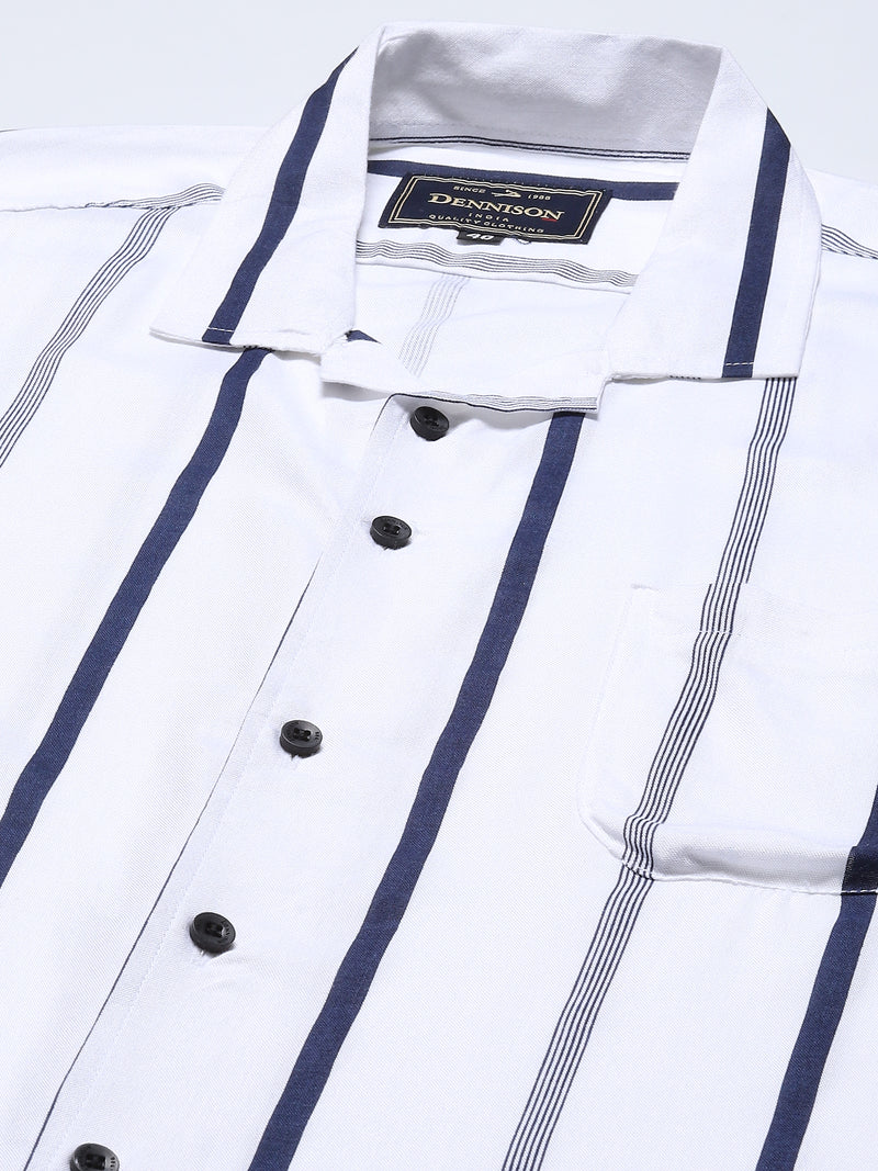 Men White  Black Smart Slim Fit Striped Cotton Casual Shirt