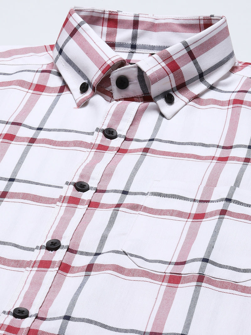 DENNISON Men White  Red Smart Slim Fit Checked Formal Shirt