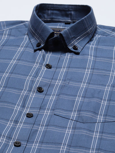 Men Blue  White Pure Cotton Smart Slim Fit Tartan Checks Formal Shirt