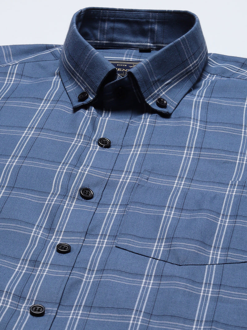 Men Blue  White Pure Cotton Smart Slim Fit Tartan Checks Formal Shirt